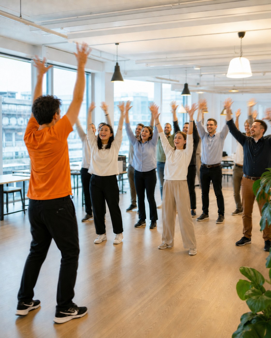 An energetic group taking part in a guided dance activity