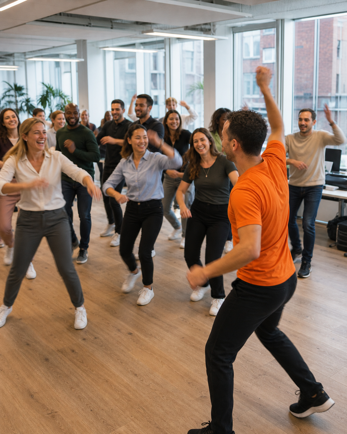 Colleagues taking part in an energetic guided team activity